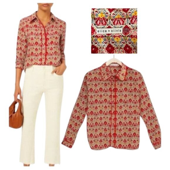 Alice + Olivia Willa Silk Piped Trim Print Blouse Red Multi Designer S - Picture 1 of 12